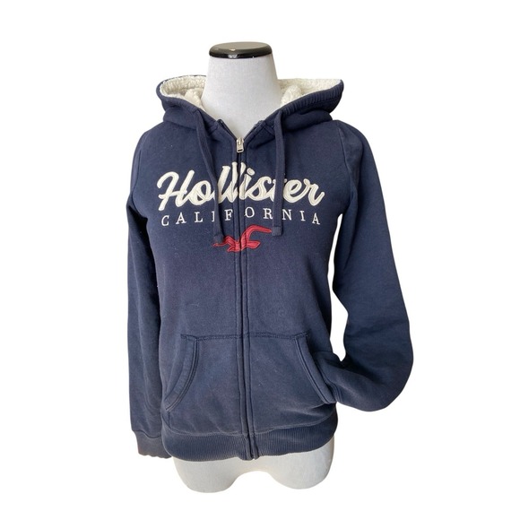 Hollister Tops - Y2K Hollister Sherpa Lined Zip‎ Up Hoodie Womens Size S Blue Logo Preppy 2000s